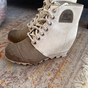 Sorel Beige and Brown Lace-Up Wedge Boots